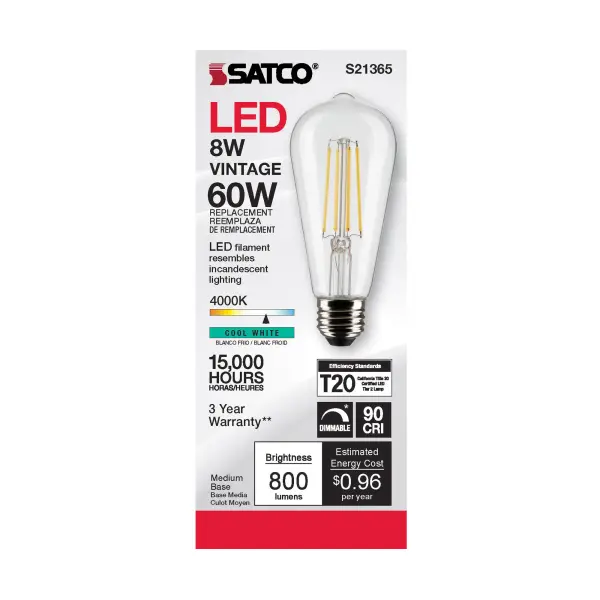 8 Watt ST19 LED Filament - Clear - Medium base - 90 CRI - 4000K - 120 Volt - Image 4