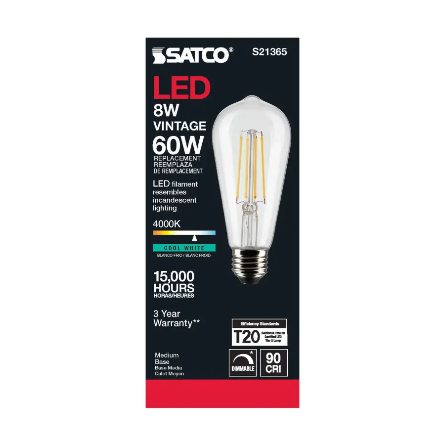 8 Watt ST19 LED Filament - Clear - Medium base - 90 CRI - 4000K - 120 Volt - Image 5