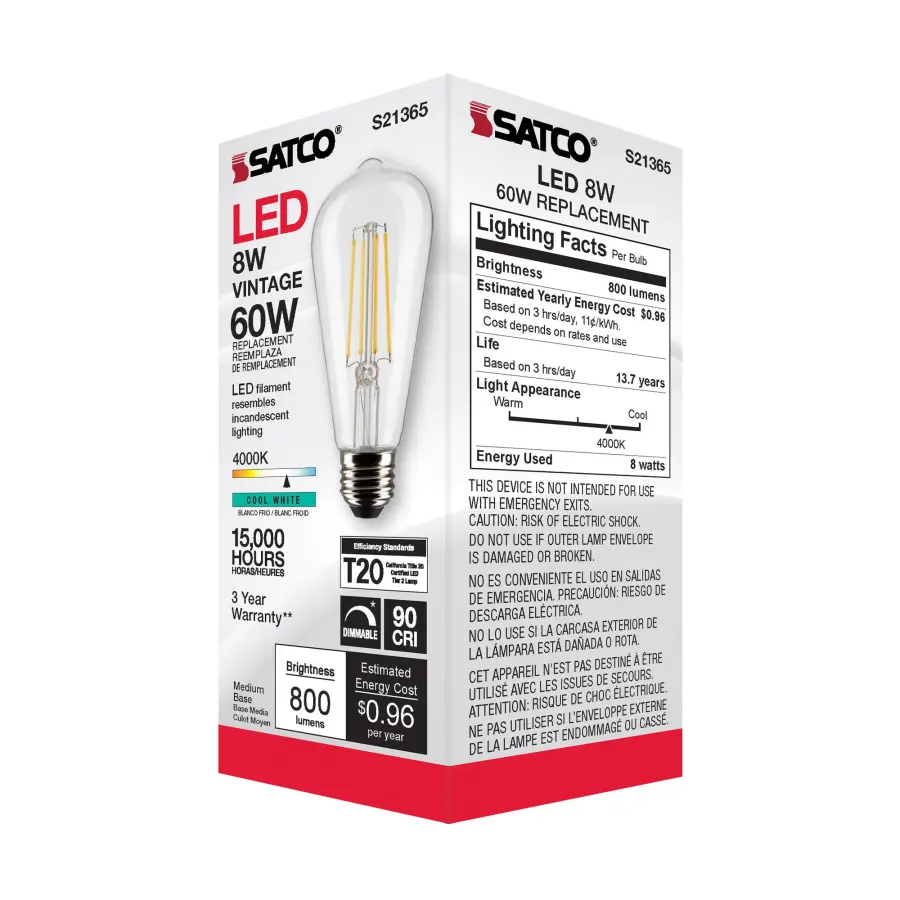 8 Watt ST19 LED Filament - Clear - Medium base - 90 CRI - 4000K - 120 Volt - Image 8