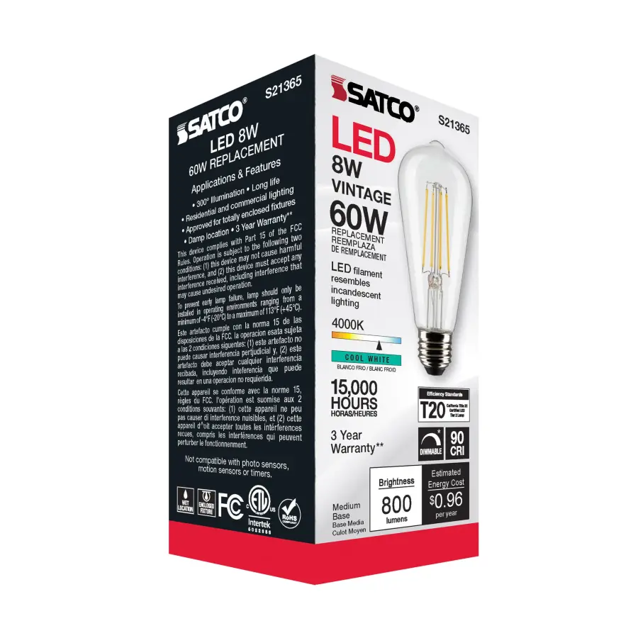 8 Watt ST19 LED Filament - Clear - Medium base - 90 CRI - 4000K - 120 Volt - Image 9