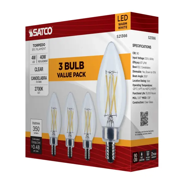 4 Watt B11 LED Filament - Clear - Candelabra base - 90 CRI - 2700K - 120 Volt - 3-Pack - Image 13