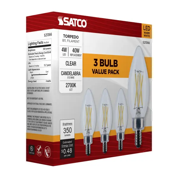 4 Watt B11 LED Filament - Clear - Candelabra base - 90 CRI - 2700K - 120 Volt - 3-Pack - Image 14