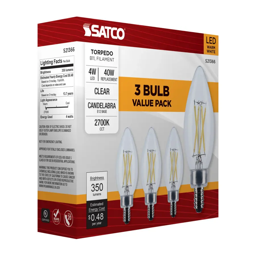 4 Watt B11 LED Filament - Clear - Candelabra base - 90 CRI - 2700K - 120 Volt - 3-Pack - Image 14