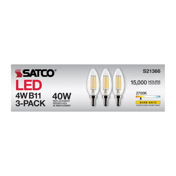 4 Watt B11 LED Filament - Clear - Candelabra base - 90 CRI - 2700K - 120 Volt - 3-Pack - Image 16