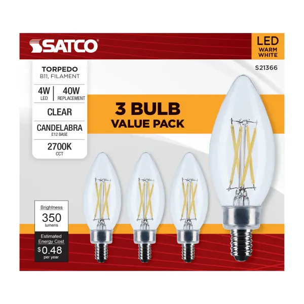 4 Watt B11 LED Filament - Clear - Candelabra base - 90 CRI - 2700K - 120 Volt - 3-Pack - Image 9