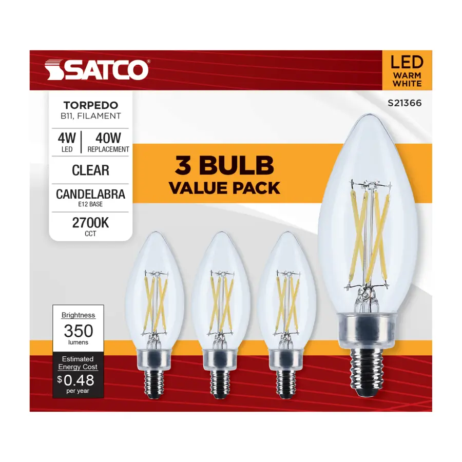 4 Watt B11 LED Filament - Clear - Candelabra base - 90 CRI - 2700K - 120 Volt - 3-Pack - Image 9