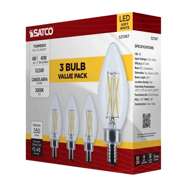 4 Watt B11 LED Filament - Clear - Candelabra base - 90 CRI - 3000K - 120 Volt - 3-Pack - Image 13
