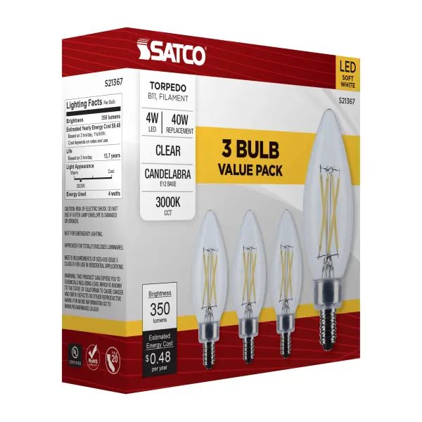 4 Watt B11 LED Filament - Clear - Candelabra base - 90 CRI - 3000K - 120 Volt - 3-Pack - Image 14