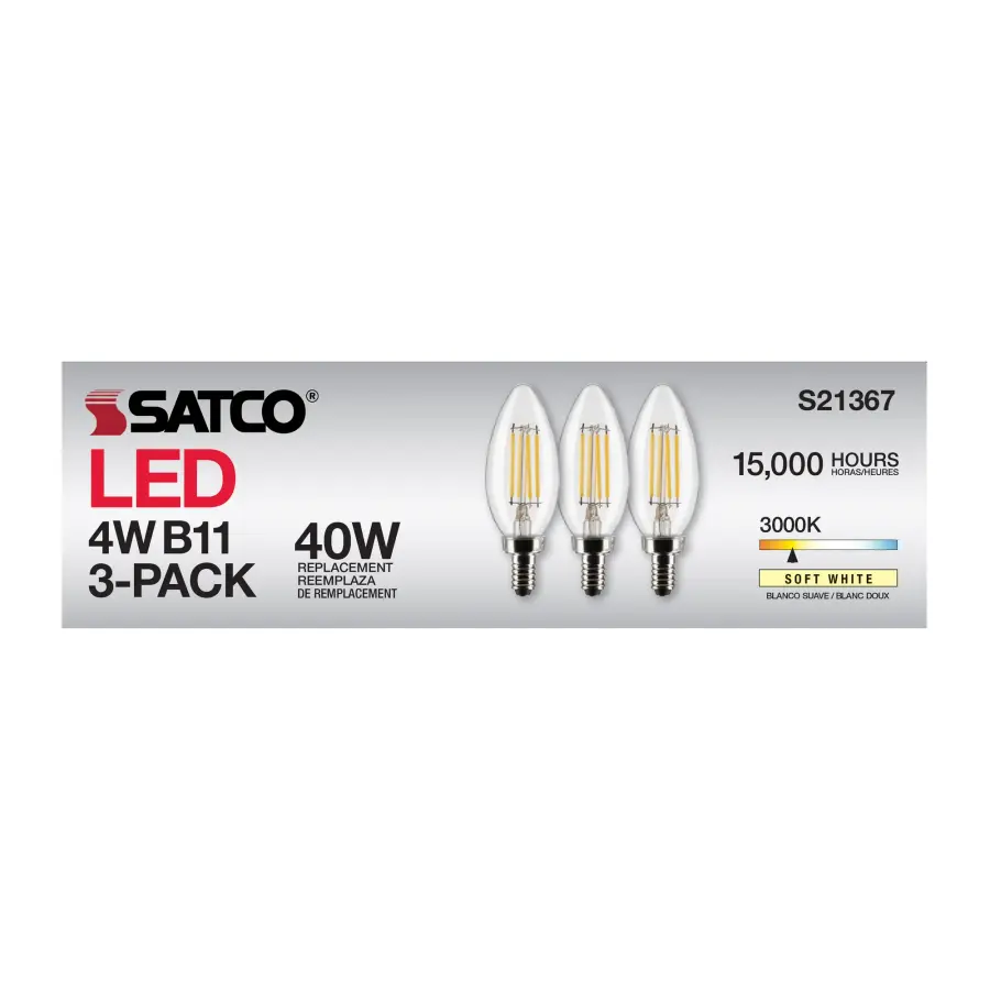 4 Watt B11 LED Filament - Clear - Candelabra base - 90 CRI - 3000K - 120 Volt - 3-Pack - Image 16
