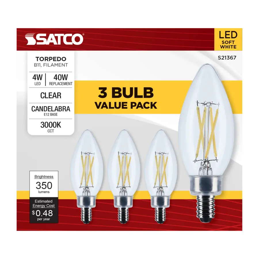 4 Watt B11 LED Filament - Clear - Candelabra base - 90 CRI - 3000K - 120 Volt - 3-Pack - Image 9