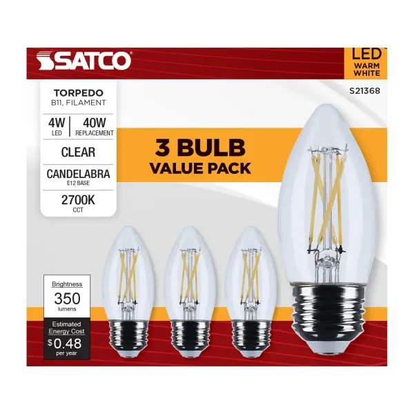 4 Watt B11 LED Filament - Clear - Medium base - 90 CRI - 2700K - 120 Volt - 3-Pack - Image 5