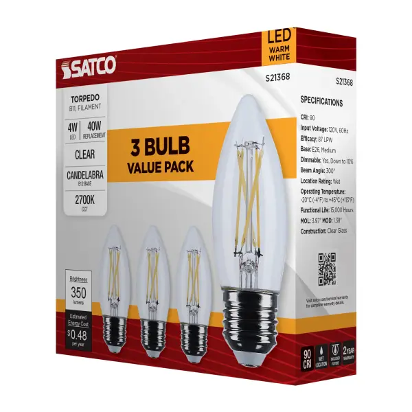 4 Watt B11 LED Filament - Clear - Medium base - 90 CRI - 2700K - 120 Volt - 3-Pack - Image 9