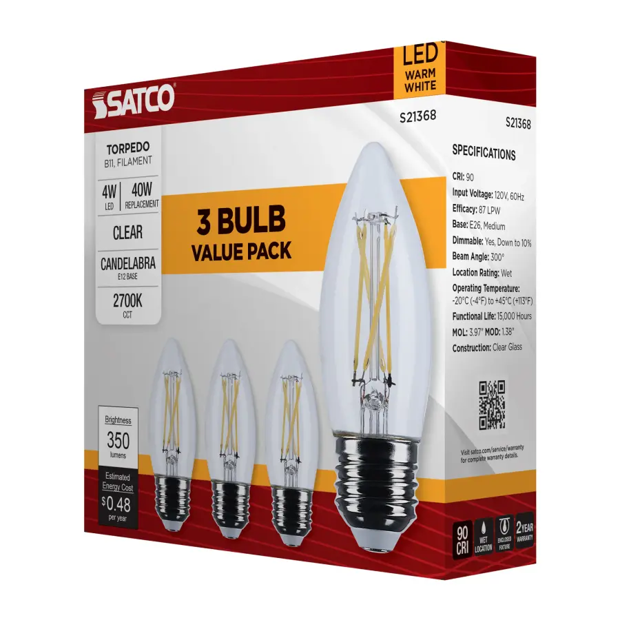 4 Watt B11 LED Filament - Clear - Medium base - 90 CRI - 2700K - 120 Volt - 3-Pack - Image 9