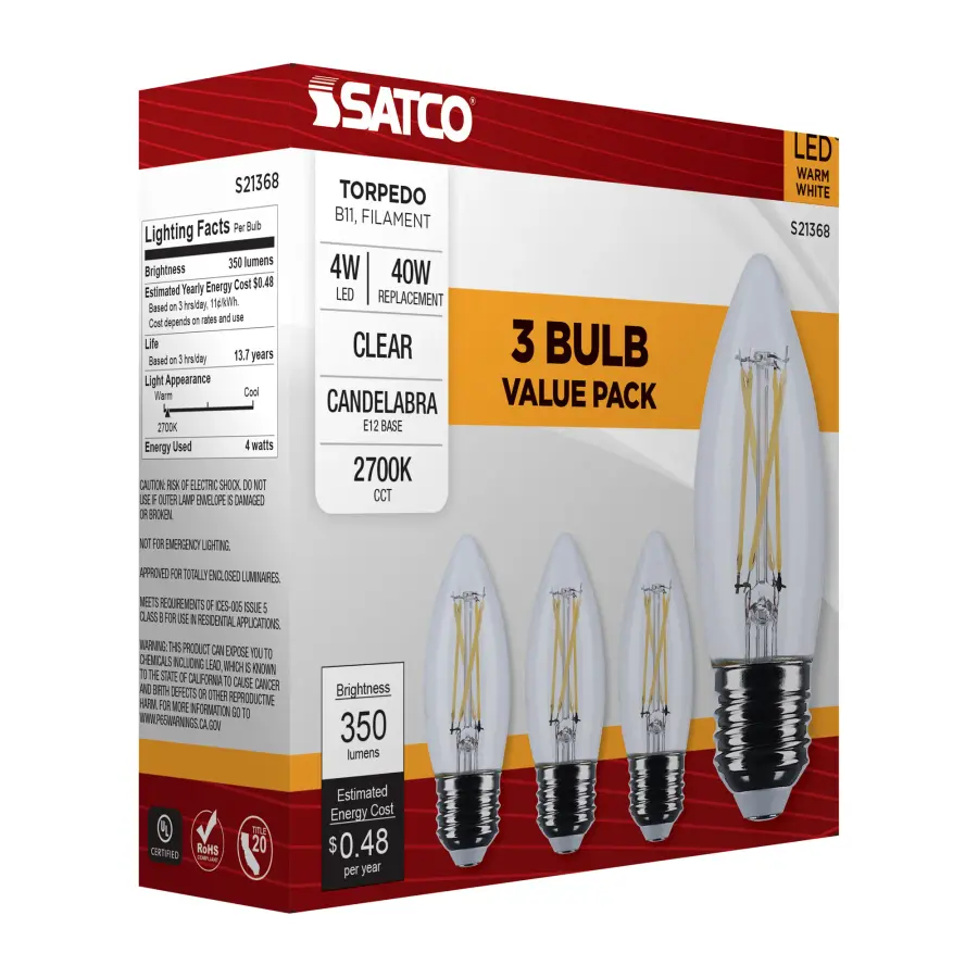 4 Watt B11 LED Filament - Clear - Medium base - 90 CRI - 2700K - 120 Volt - 3-Pack - Image 10