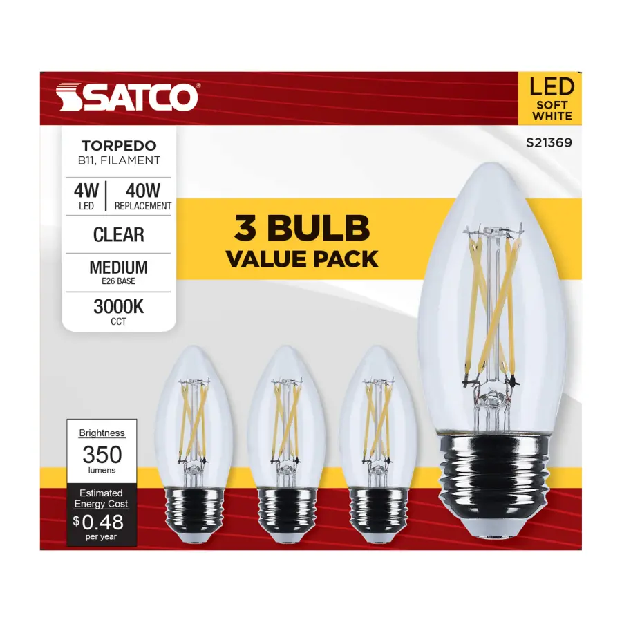 4 Watt B11 LED Filament - Clear - Medium base - 90 CRI - 3000K - 120 Volt - 3-Pack - Image 5