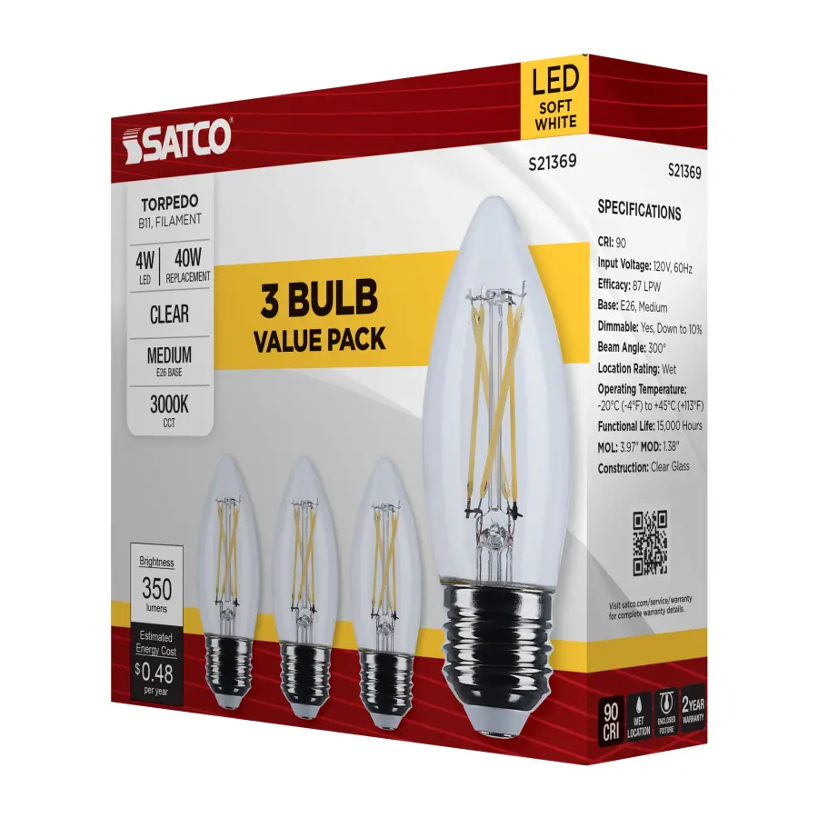 4 Watt B11 LED Filament - Clear - Medium base - 90 CRI - 3000K - 120 Volt - 3-Pack - Image 9