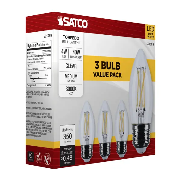 4 Watt B11 LED Filament - Clear - Medium base - 90 CRI - 3000K - 120 Volt - 3-Pack - Image 10
