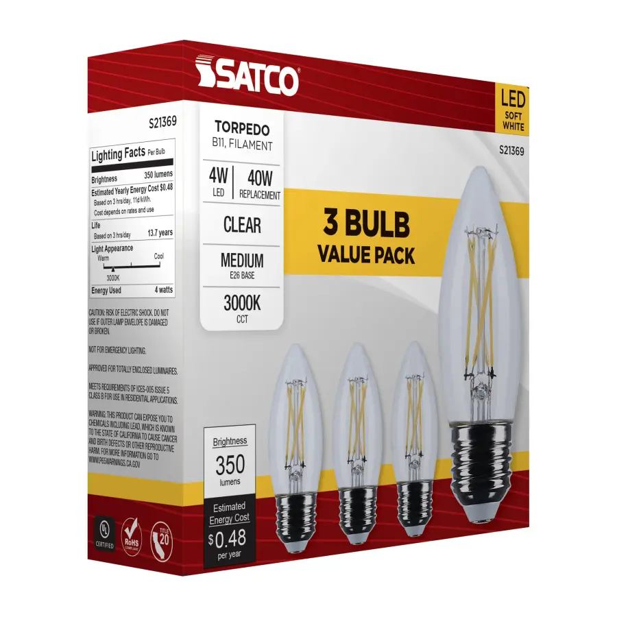 4 Watt B11 LED Filament - Clear - Medium base - 90 CRI - 3000K - 120 Volt - 3-Pack - Image 10