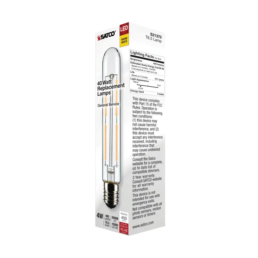 4 Watt T6.5 LED Filament - Clear - Intermediate Base - 3000K - 400 Lumens - 120 Volt - Image 7