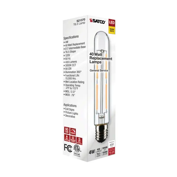 4 Watt T6.5 LED Filament - Clear - Intermediate Base - 3000K - 400 Lumens - 120 Volt - Image 8