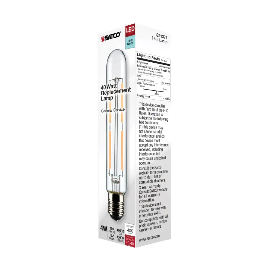 4 Watt T6.5 LED Filament - Clear - Intermediate Base - 4000K - 400 Lumens - 120 Volt - Image 7