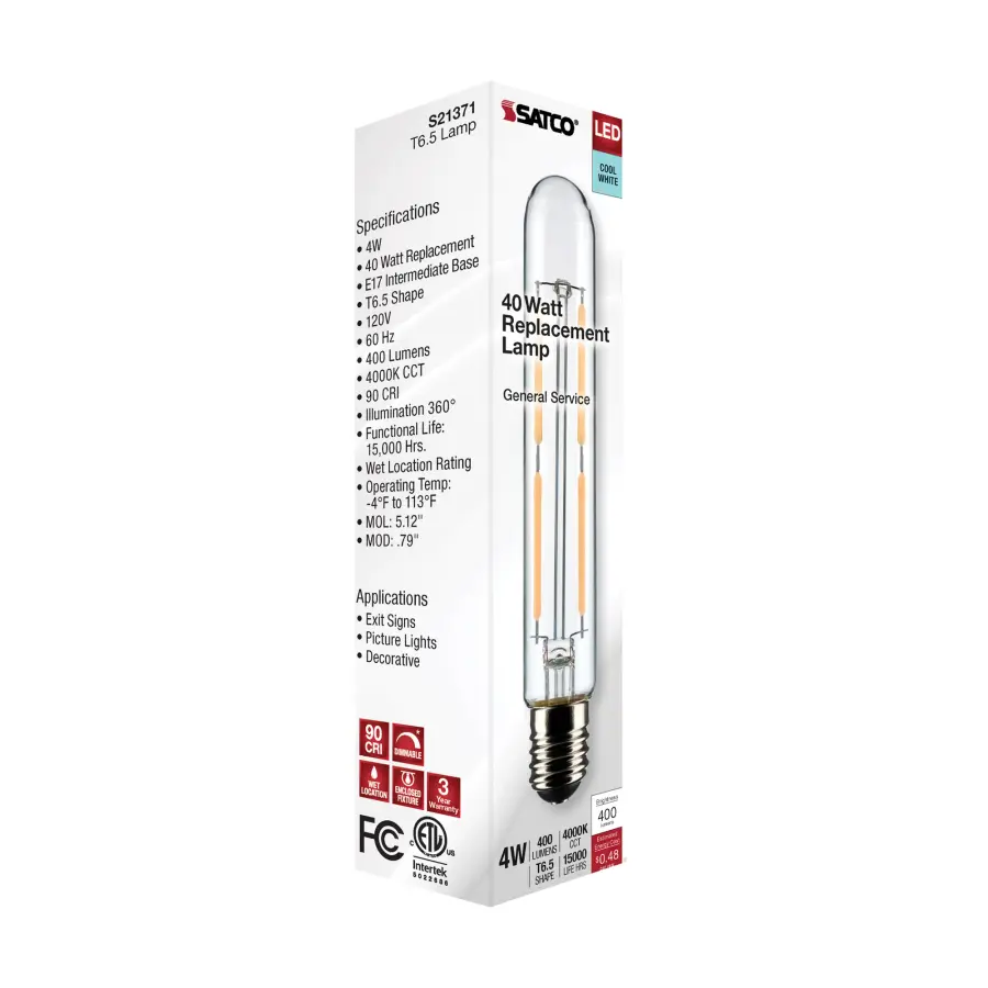 4 Watt T6.5 LED Filament - Clear - Intermediate Base - 4000K - 400 Lumens - 120 Volt - Image 8