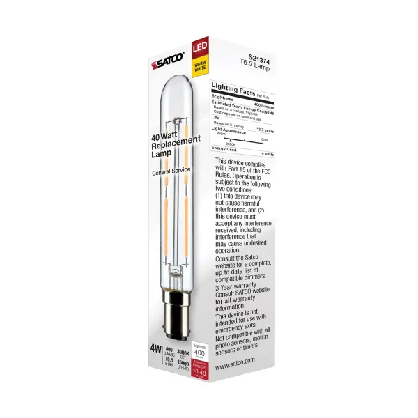 4 Watt T6.5 LED Filament - Clear - Double Contact Bayonet Base - 3000K - 400 Lumens - 120 Volt - Image 7