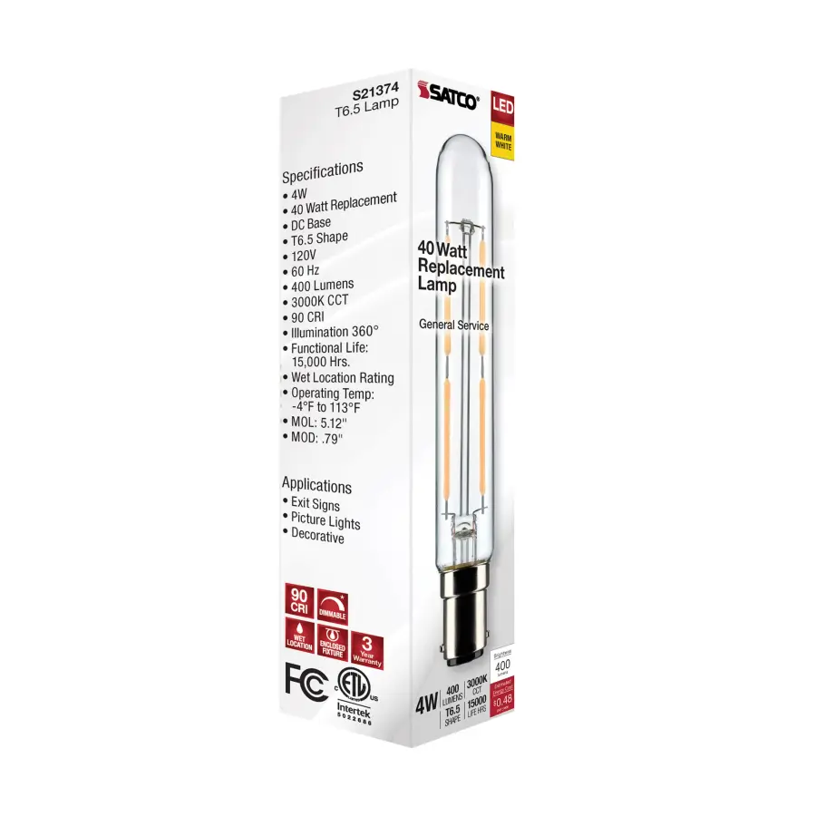 4 Watt T6.5 LED Filament - Clear - Double Contact Bayonet Base - 3000K - 400 Lumens - 120 Volt - Image 8