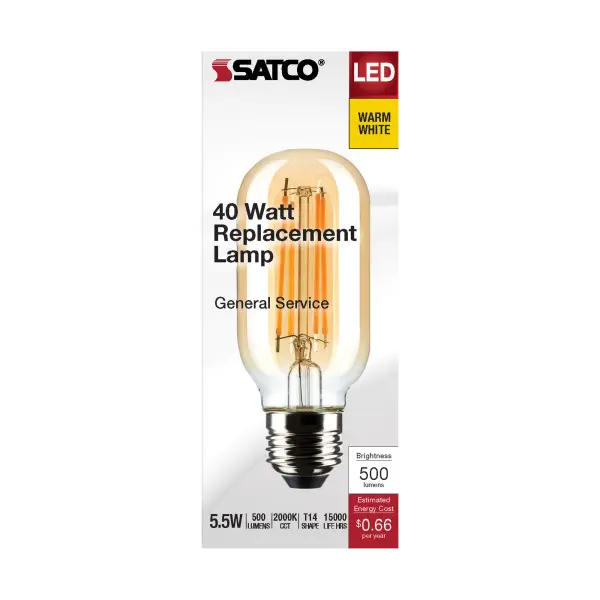 5.5 Watt T14 LED Filament - Clear - Medium Base - 2000K - 500 Lumens - 120 Volt - Image 3