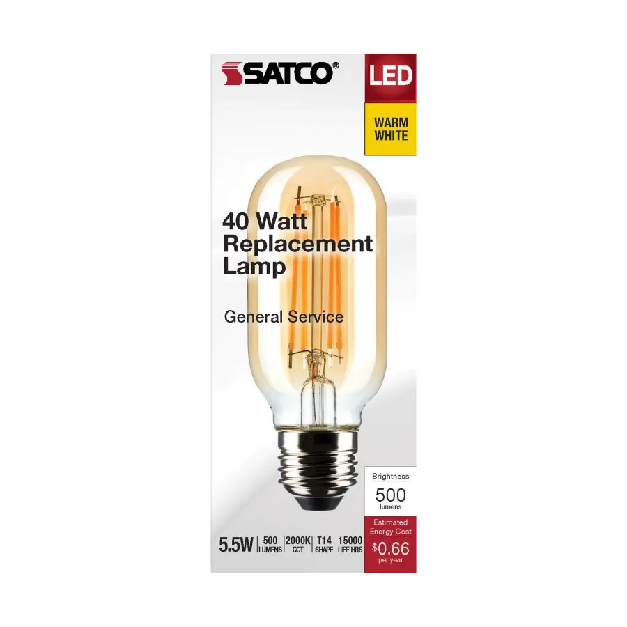 5.5 Watt T14 LED Filament - Clear - Medium Base - 2000K - 500 Lumens - 120 Volt - Image 3