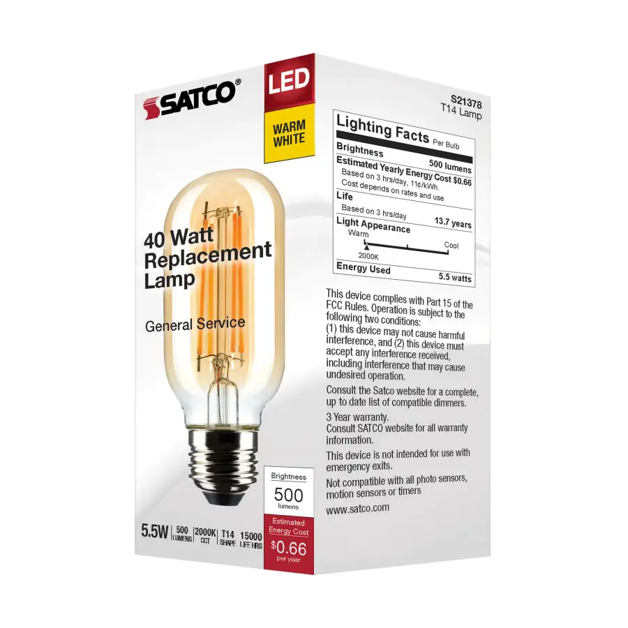 5.5 Watt T14 LED Filament - Clear - Medium Base - 2000K - 500 Lumens - 120 Volt - Image 7