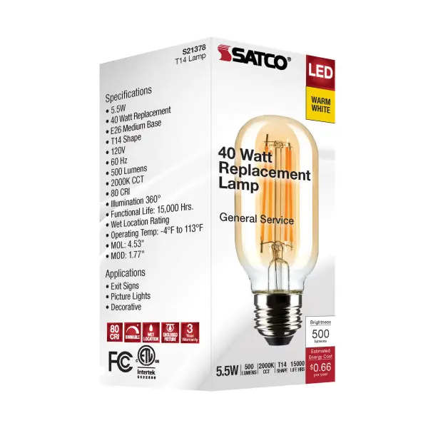 5.5 Watt T14 LED Filament - Clear - Medium Base - 2000K - 500 Lumens - 120 Volt - Image 8