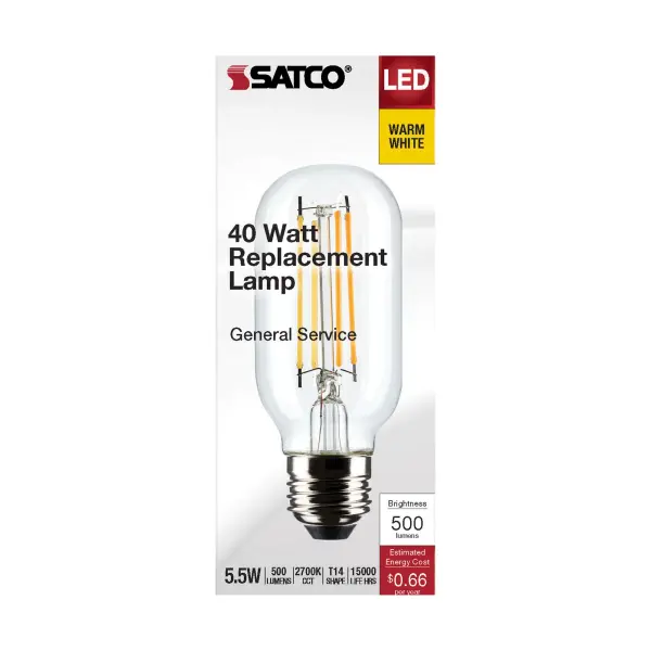 5.5 Watt T14 LED Filament - Clear - Medium Base - 2700K - 500 Lumens - 120 Volt - Image 3