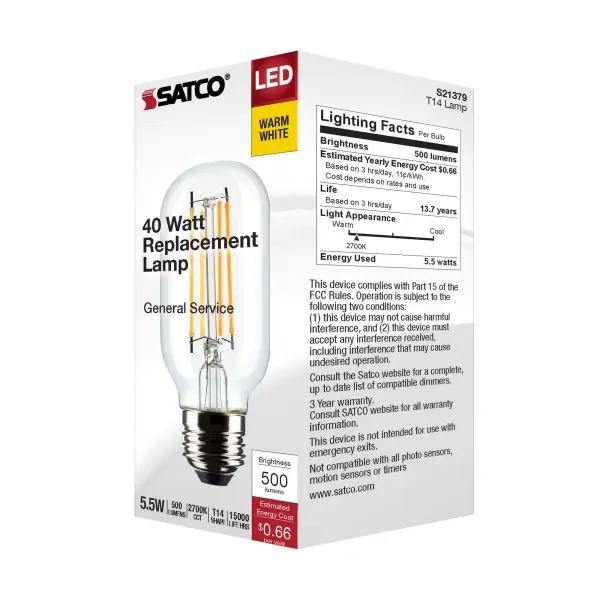 5.5 Watt T14 LED Filament - Clear - Medium Base - 2700K - 500 Lumens - 120 Volt - Image 7