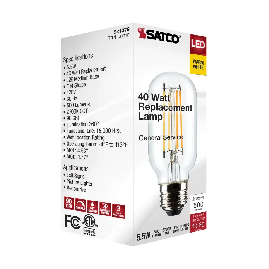 5.5 Watt T14 LED Filament - Clear - Medium Base - 2700K - 500 Lumens - 120 Volt - Image 8