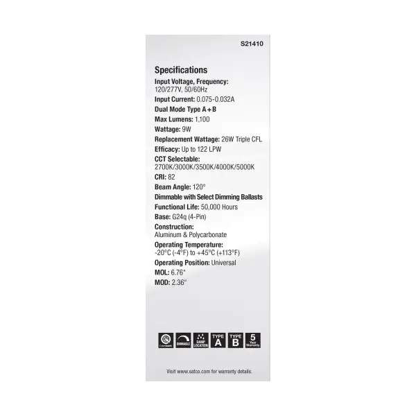 9 Watt PL 4-Pin LED - 1100 Lumens - G24q Base - CCT Selectable - White Finish - 120-277 Volts - Image 11