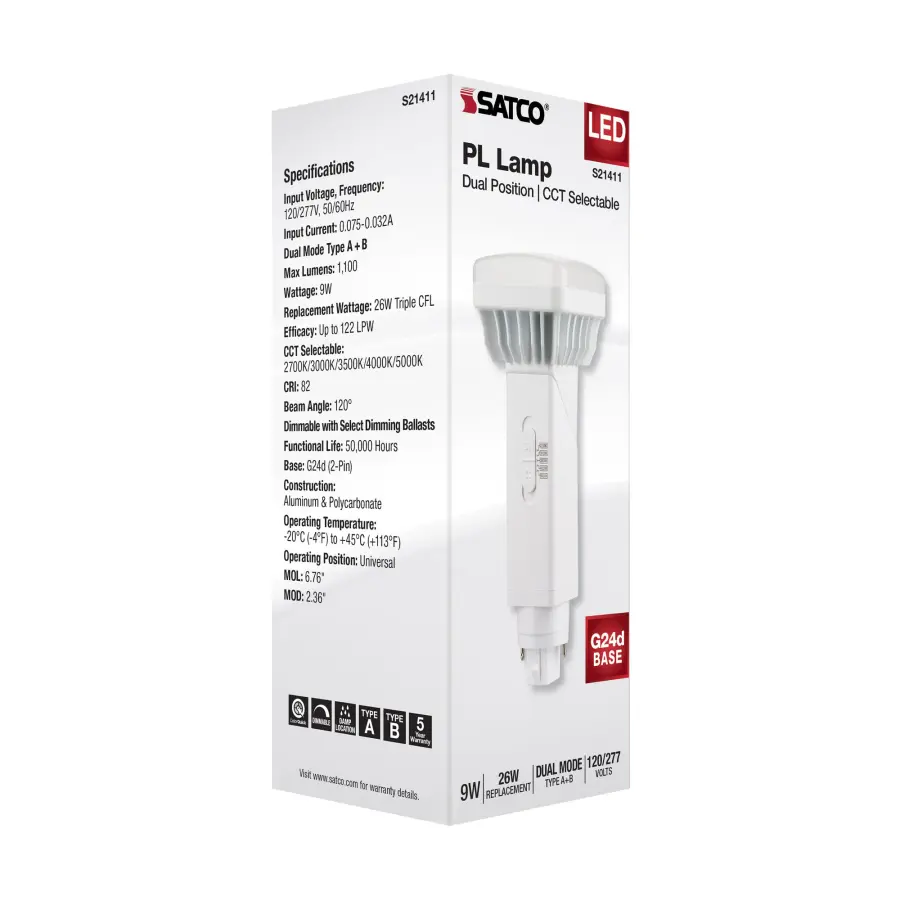 9 Watt PL 2-Pin LED - 1100 Lumens - G24d Base - CCT Selectable - White Finish - 120-277 Volts - Image 13