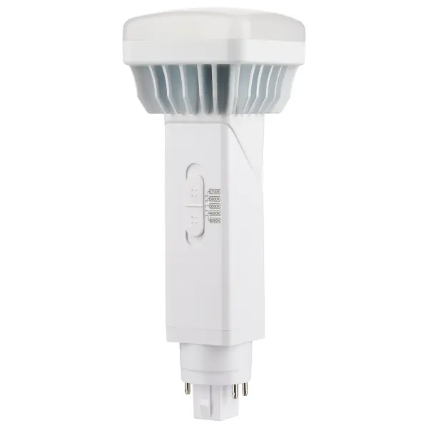 SATCO NUVO's Dual Position PL Lamps are the perfect blend of flexibility, functionality and innovation. Designed with versatility in mind, these lamps feature a 90 degree rotatable head that allows light to be directed as needed in both vertical and horizontal applications. They also extend lengthwise and offer a rotatable base to accommodate centering illumination in horizontal installations. To make these the ultimate pin-based solution, these lamps are available in 2-pin and 4-pin options and can be installed in ballast bypass and ballast compatible configurations. Five CCT selectable and dimmable with select ballasts, SATCO NUVO's Dual Position Lamps are the ideal choice for any environment. - alternate view