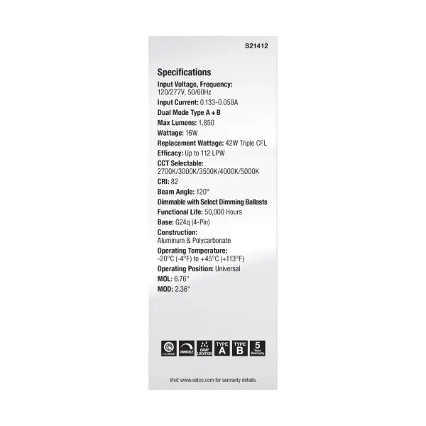 16 Watt PL 4-Pin LED - 1850 Lumens - G24q Base - CCT Selectable - White Finish - 120-277 Volts - Image 11