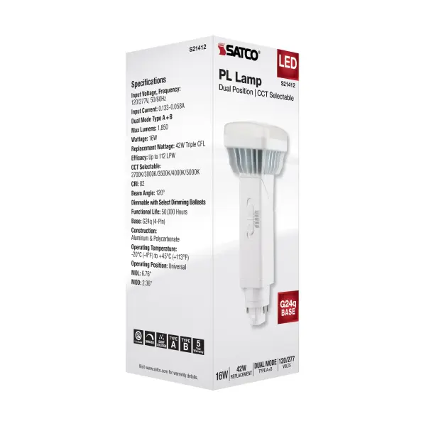 16 Watt PL 4-Pin LED - 1850 Lumens - G24q Base - CCT Selectable - White Finish - 120-277 Volts - Image 13