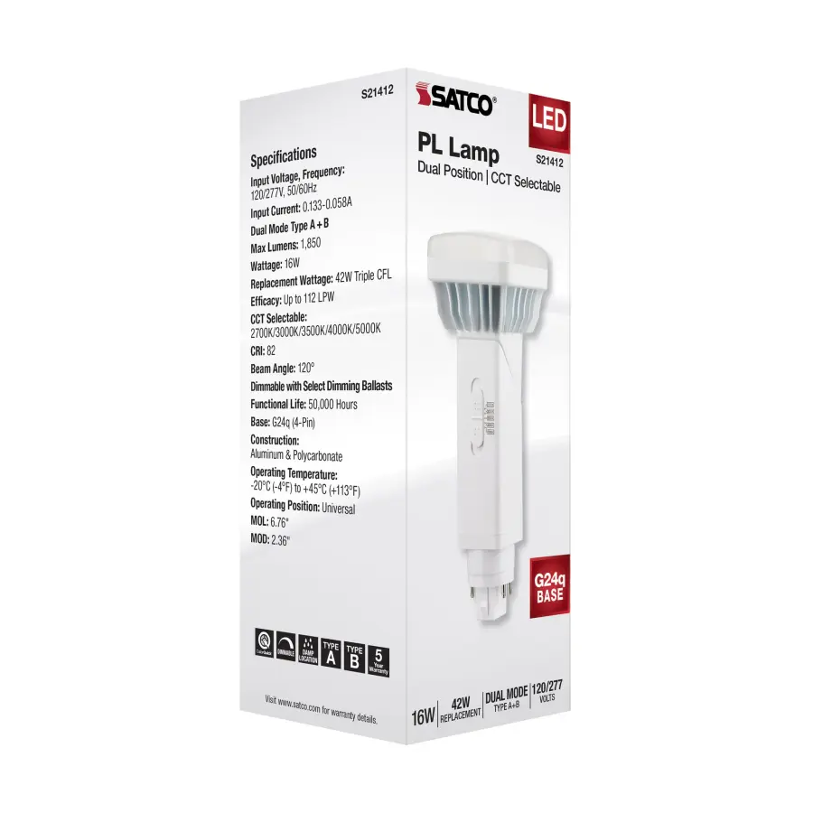 16 Watt PL 4-Pin LED - 1850 Lumens - G24q Base - CCT Selectable - White Finish - 120-277 Volts - Image 13