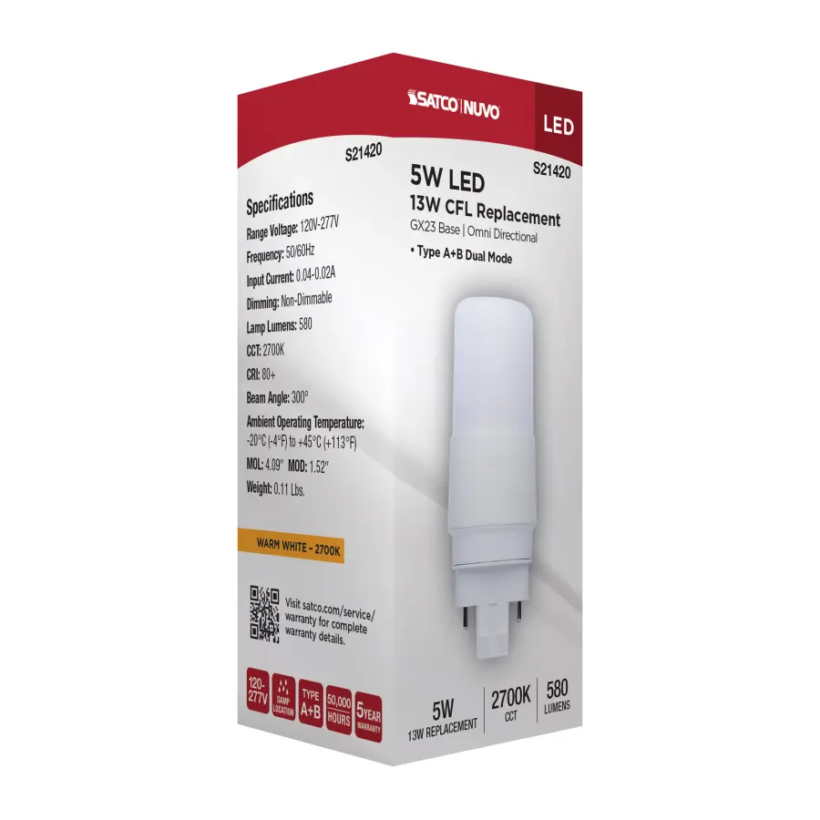 5 Watt - PL LED - GX23 Base - Frost Finish - Type A/B Dual Ballast - 2700K - 120-277 Range Voltage - Image 9