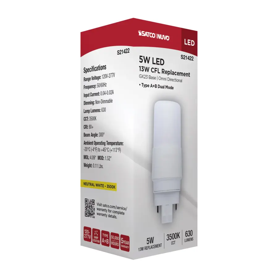 5 Watt - PL LED - GX23 Base - Frost Finish - Type A/B Dual Ballast - 3500K - 120-277 Range Voltage - Image 9