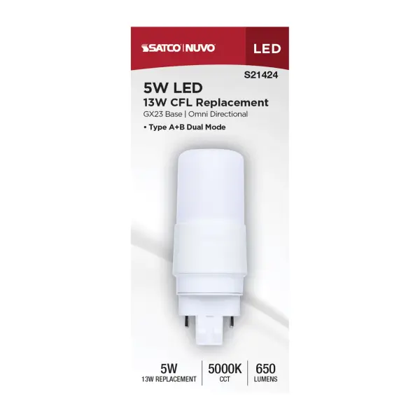 5 Watt - PL LED - GX23 Base - Frost Finish - Type A/B Dual Ballast - 5000K - 120-277 Range Voltage - Image 4