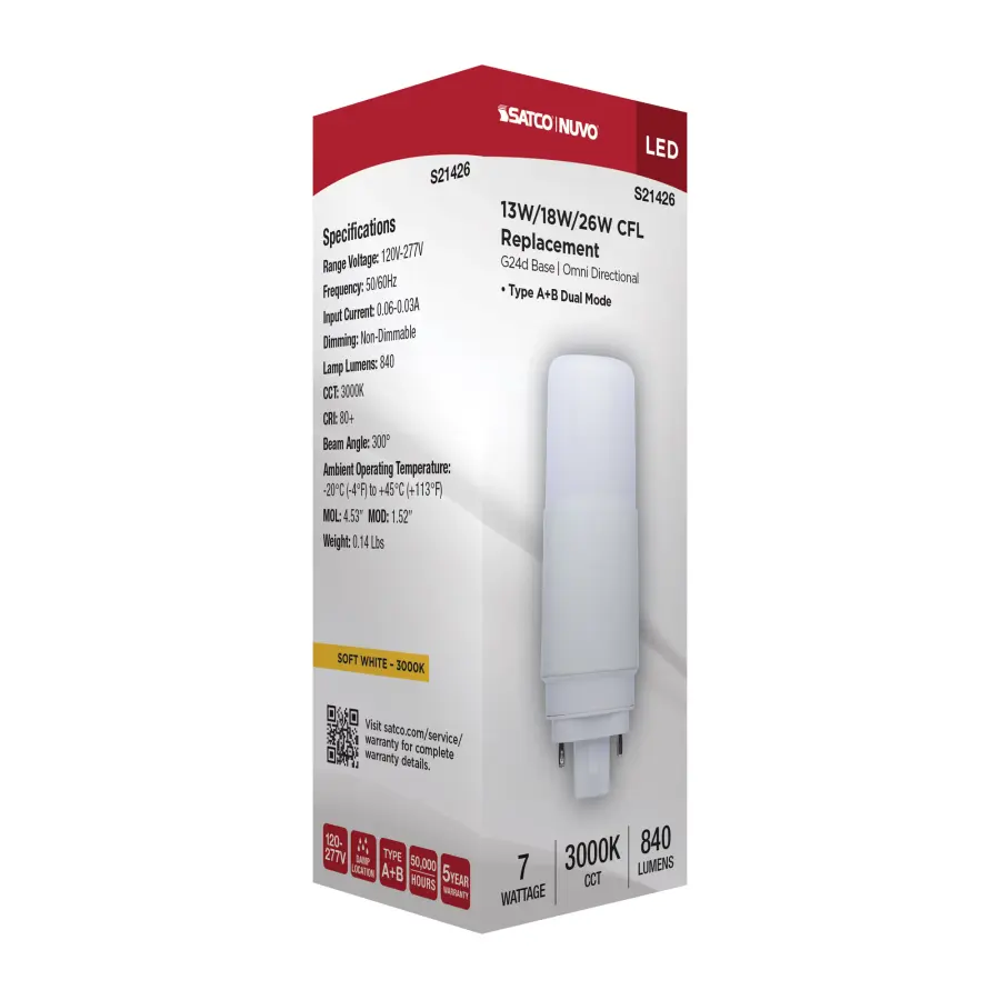 7 Watt - PL LED - G24D Base - Frost Finish - Type A/B Dual Ballast - 3000K - 120-277 Range Voltage - Image 9