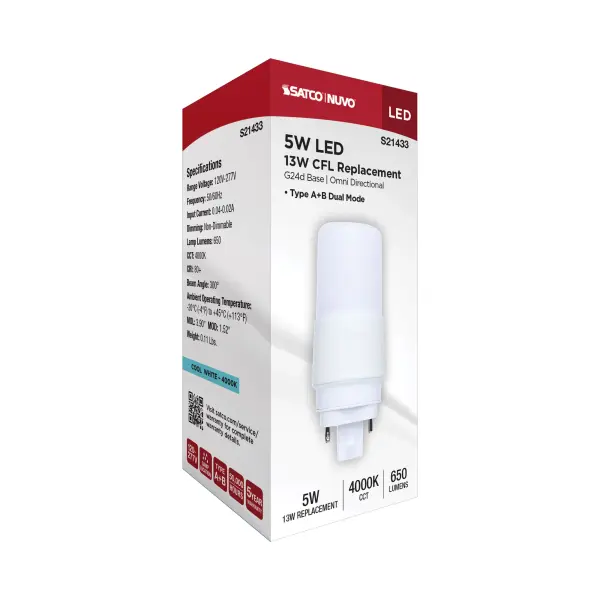 5 Watt - PL LED - G24D Base - Frost Finish - Type A/B Dual Ballast - 4000K - 120-277 Range Voltage - Image 8