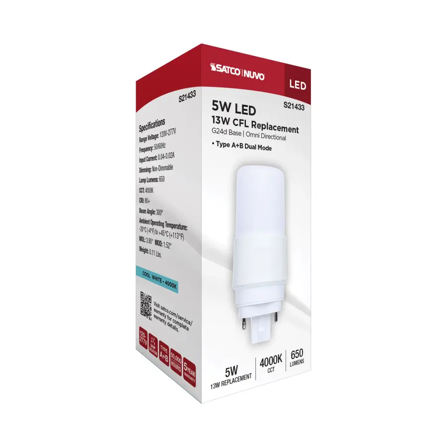5 Watt - PL LED - G24D Base - Frost Finish - Type A/B Dual Ballast - 4000K - 120-277 Range Voltage - Image 8