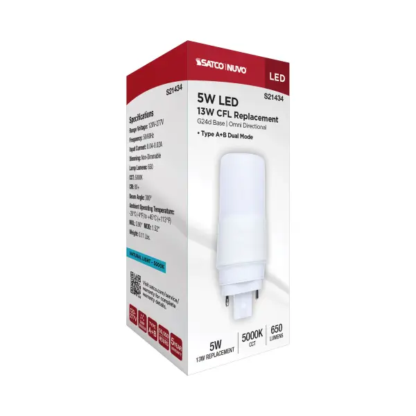 5 Watt - PL LED - G24D Base - Frost Finish - Type A/B Dual Ballast - 5000K - 120-277 Range Voltage - Image 8