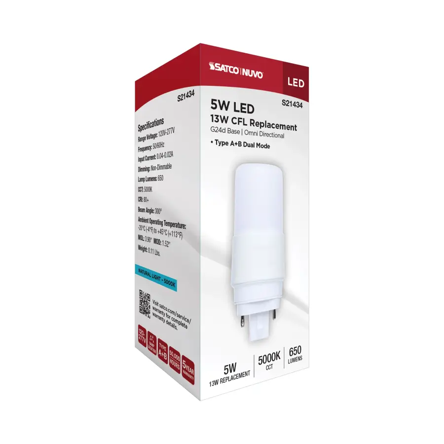 5 Watt - PL LED - G24D Base - Frost Finish - Type A/B Dual Ballast - 5000K - 120-277 Range Voltage - Image 8