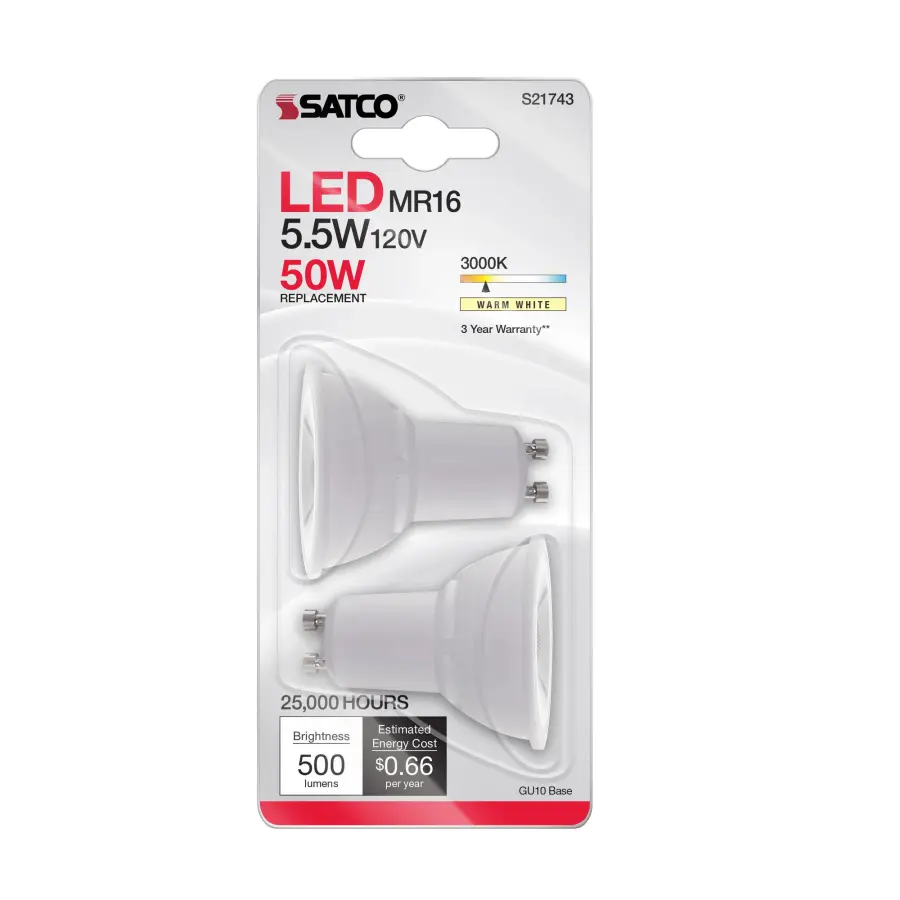 5.5 Watt MR16 LED - GU10 base - 3000K - 120 Volt - 40 deg. Beam Angle - 2-Card - Image 2